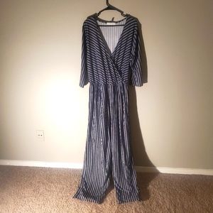 navy and white striped pantsuit